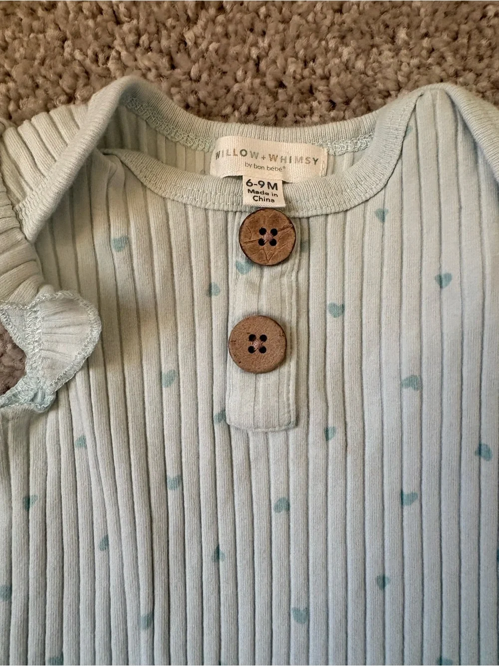 Bon Bebe Mint Ribbed Romper with Tiny Teal Hearts